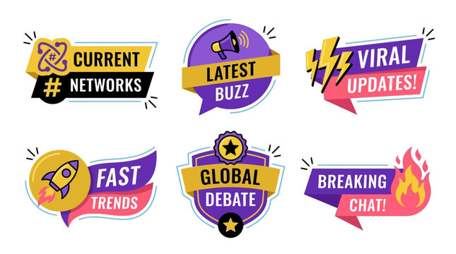 vector graphics set of trending news and social media buzz labels