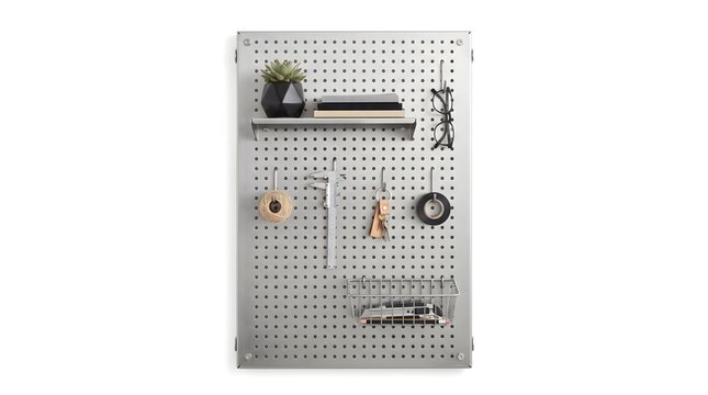 Modern minimalist steel pegboard display module with clean industrial lines, isolated on a solid white background