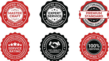 Obraz premium Professional vector collection of quality assurance and expert service guarantee badges. Elegant emblem designs for master craft and premium standard certification