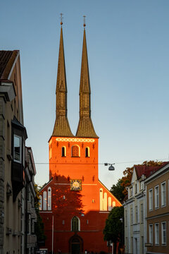 Vaxjo, Sweden The double spires of the Vaxjo Cathedral at sunset.