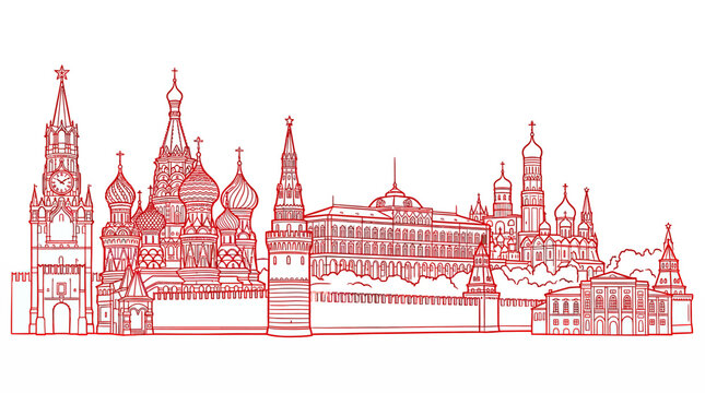 Moscow Kremlin Silhouette Outline Drawing Red Color Isolated White Background