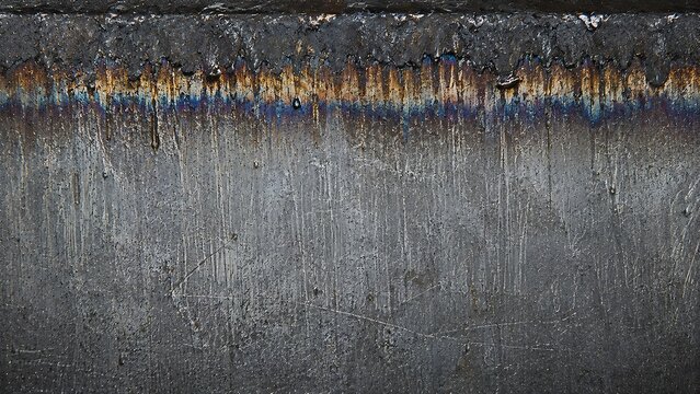 Close-up of a textured grey metal surface with a discolored, heat-affected top edge showing blue, gold, and brown hues.