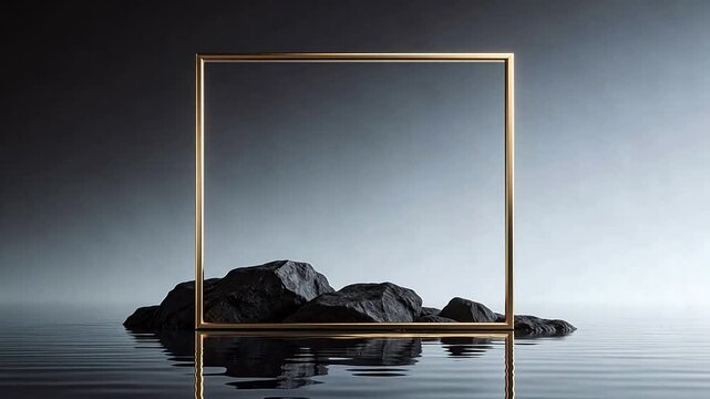 Golden frame on rocks in water