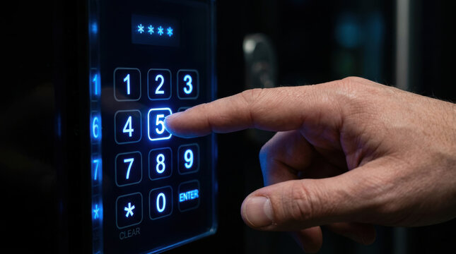 Hand entering pin code keypad security access finger press number button blue light dark entry lock closeup with focused action