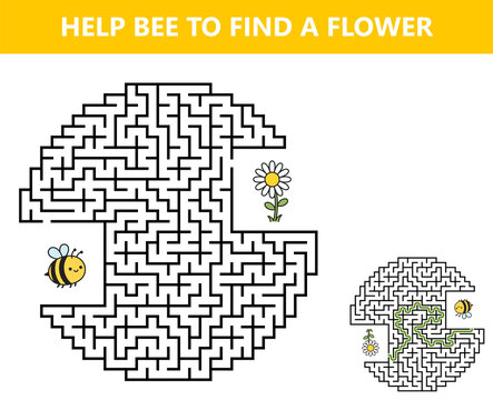 Maze game with cute bee and flower on transparent background. Educational worksheet for child to find path. Kids activity puzzle for logic development and preschool learning task.