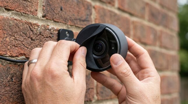 Security camera hand cover lens privacy surveillance brick wall installation repair, close view of person covering outdoor device