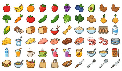 Fototapeta premium Illustrate a high-quality flat vector bundle containing 60 unique cartoon grocery items arranged in a professional catalog layout on a solid white background. Include fresh fruits, vegetables, meats, 
