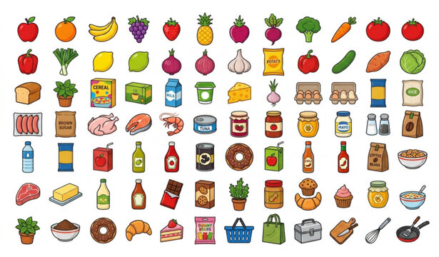 Cartoon supermarket grocery food and drink vector bundle with healthy meal ingredients isolated on white background
