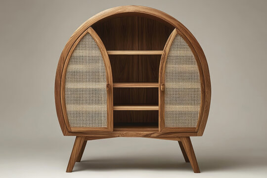 Tall Light Wood Cabinet With Arched Top And Cane Doors