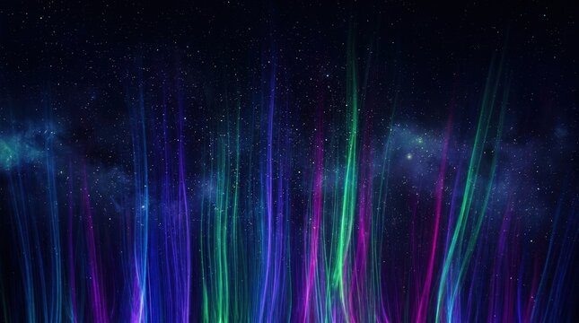 Vibrant abstract aurora-like light streaks illuminating a dark starry night sky with cosmic dust and nebulae.