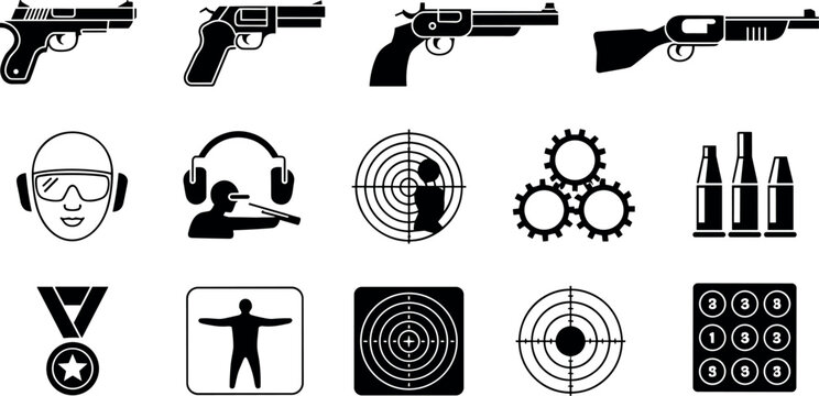 Shooting range icon set featuring handguns rifle target silhouettes bullets headphones shooter profile and gun training award symbols