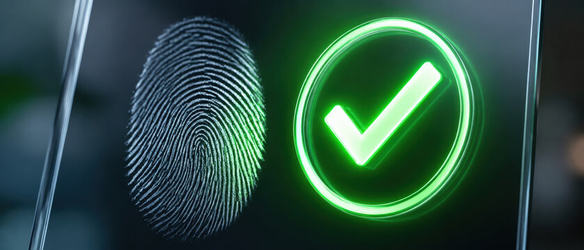 Fingerprint check mark biometric security verification authentication scanner digital access approved on screen with green light