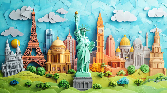 Creative paper art display of famous landmarks around the world