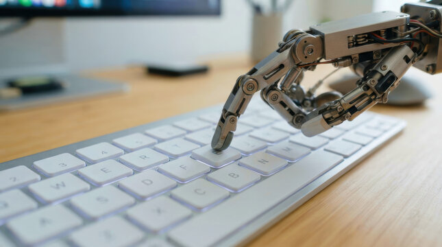Robotic hand, keyboard, key, robot, technology, automation pressing key on desk with monitor in soft focus workspace