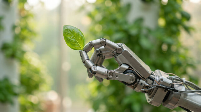 Robotic hand leaf technology sustainability nature, bionic arm holding green leaf in garden with soft light and blurred plant background