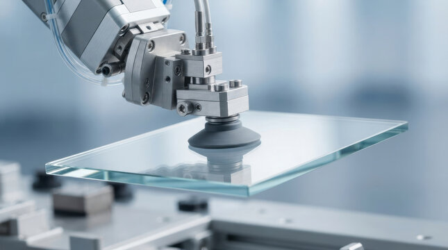 Robotic suction cup glass lifting, industrial automation arm handling transparent pane with precision inside modern factory