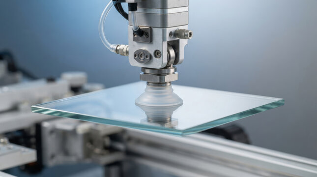 Robotic suction cup glass lifting machine, industrial automation handling transparent sheet in factory production line