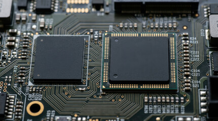 Fototapeta premium Chip circuit board processor microchip electronic component technology, two dark computer chips circuit board with detailed trace and pin pattern