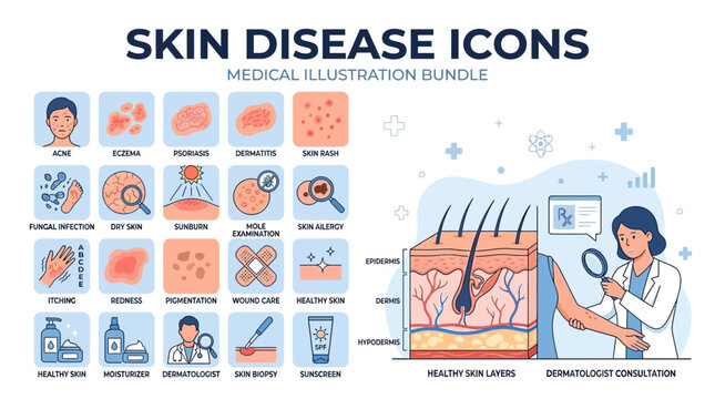 Dermatology Skin Disease Icons Main Subject Illustration.