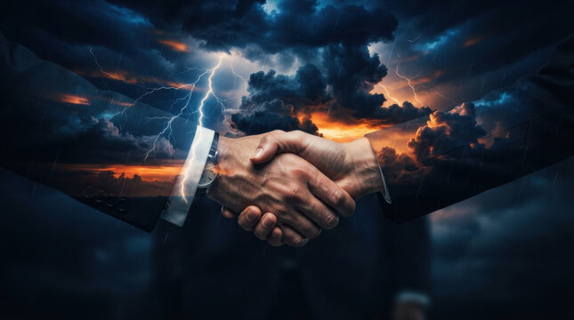 Business handshake storm lightning negotiation partnership agreement conflict Business handshake during storm with lightning, tense negotiation