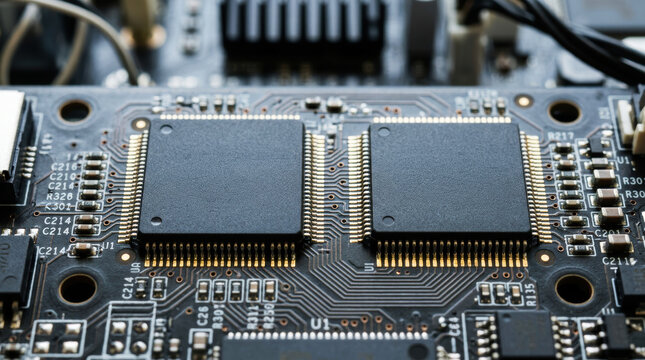 Microchip circuit board processor electronic component technology hardware two dark computer chip on motherboard close up