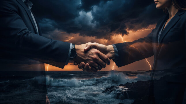 Business handshake storm ocean suit agreement partnership deal risk negotiation dramatic sky cloud lightning wave coast rock sea corporate