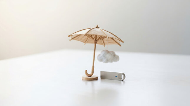 Wooden umbrella shelter cloud miniature table lamp beige calm interior decor concept with soft shade and minimalist scene
