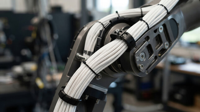 White wire bundle robotic arm cable harness industrial machine closeup in workshop with black clamp, metal joint, blurred background