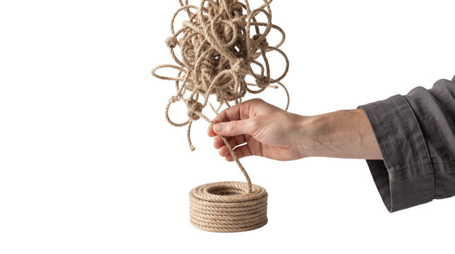 Tangled rope knot being pulled by hand, messy twine cord problem solving concept, complex jute string entanglement and solution isolated PNG with Transparent Background