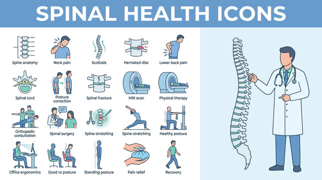 Spinal Health Icon Set Featuring Doctor Diagram.