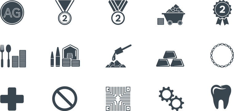 Silver element and precious metal icon set featuring silver bars mining cart medals coins silverware jewelry industrial production and manufacturing symbols