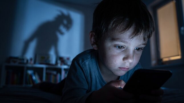 A young child stares intently at his smartphone screen while a sinister and monstrous shadow looms prominently on the bedroom wall behind him
