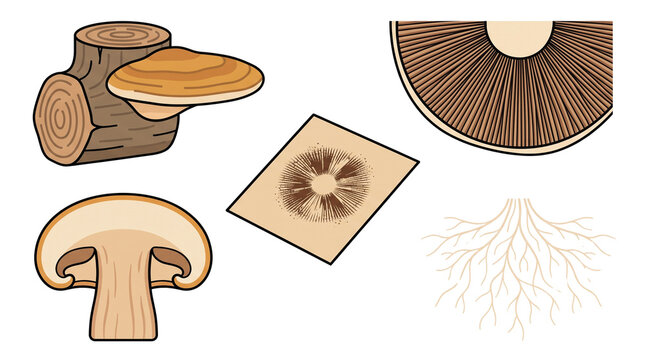 Mushroom biology diagram elements, fungal spore print and mycelium root structure, bracket fungus on tree log and cross section of agaricus isolated PNG with Transparent Background