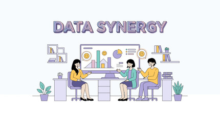 Naklejka premium Data synergy business meeting. Teamwork analysis with charts and graphs. Professional office workspace illustration.