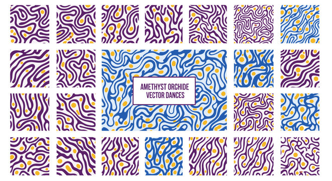 Vector set of seamless patterns with purple and blue water themes style with yellow dot
