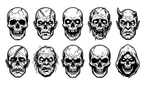 Grungy undead monster head and zombie skull sketch vector collection for Halloween gothic artwork
