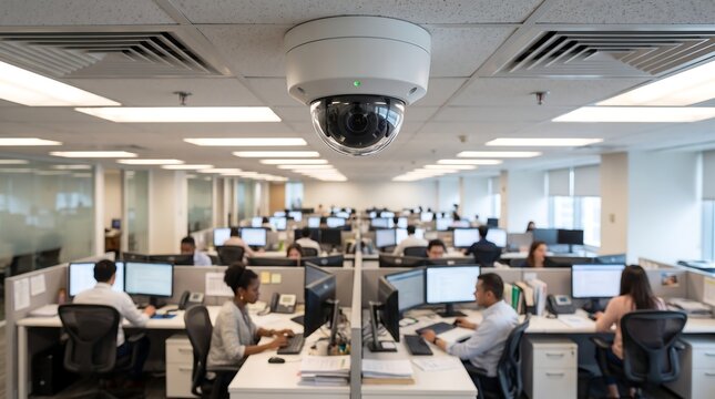 Professional security dome camera installed on office ceiling monitoring open plan workspace with diverse team of employees working at computers in background for business safety