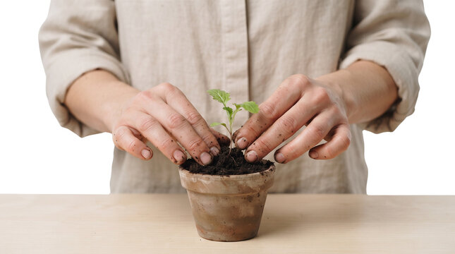 Gardening hands planting green seedling in terracotta pot, woman transplanting small plant in soil, organic farming and home gardening concept isolated PNG with Transparent Background