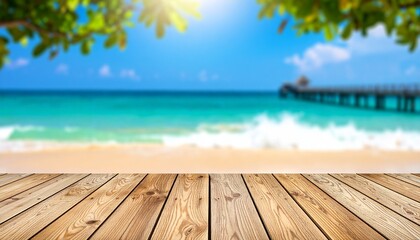 Fototapeta premium Wooden table sea background. Beach boardwalk wood planks floor ocean view horizon blurred seascape, realistic pier tropical nature travel tour backdrop, exact vector illustration