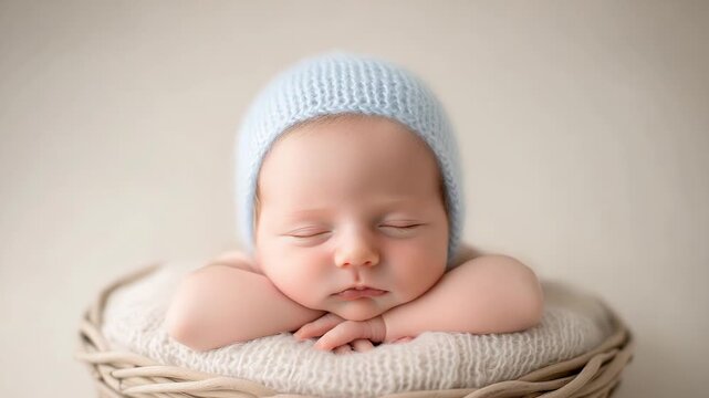 Peaceful sleeping newborn in blue hat resting in cozy basket on soft blanket