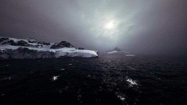Nocturnal polar sea with shimmering trail, moonlike light and scattered reflections over black water, brooding atmosphere evokes mystery, isolation,