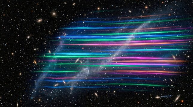 Vibrant streaks of light and color overlaying a distant galaxy cluster in the vastness of space, depicting cosmic phenomena or data visualization.