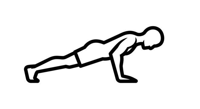 Simple black line drawing of a person performing a push up exercise on a white background