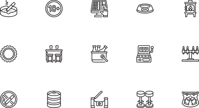Adult entertainment nightlife and casino outline vector icon set featuring age restrictions bartenders serving drinks ice buckets and slot gaming machines