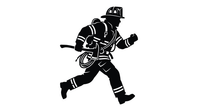 Solid black silhouette of a brave firefighter running quickly while holding a heavy rescue axe and coiled rope in a professional flat vector graphic art style
