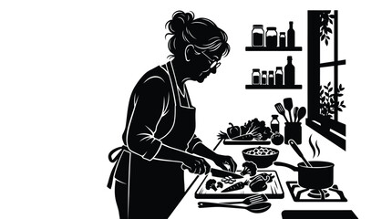 An elderly woman wearing an apron stands in a rustic kitchen preparing fresh organic vegetables for a healthy homemade meal using a sharp silver kitchen knife © Saif
