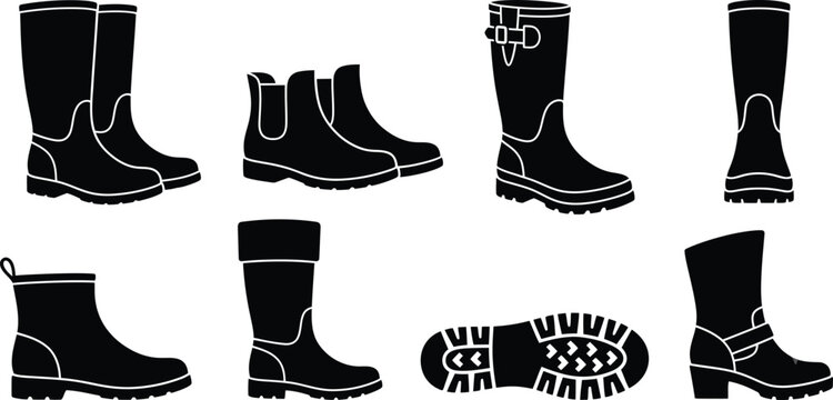 Wellington boot silhouette icon set, rubber rain boots vector collection, waterproof gardening footwear symbols, minimalist gumboots illustration isolated on white