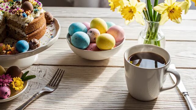 Colorful eggs arranged in bowl with cake and coffee on wooden table. Bright yellow flowers nearby create a festive atmosphere. Concept of celebration, event planning, catering