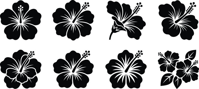Hibiscus flower silhouette icon set, tropical Hawaiian floral vector collection, retro pop hibiscus blossom symbols, exotic summer flower illustrations isolated on white