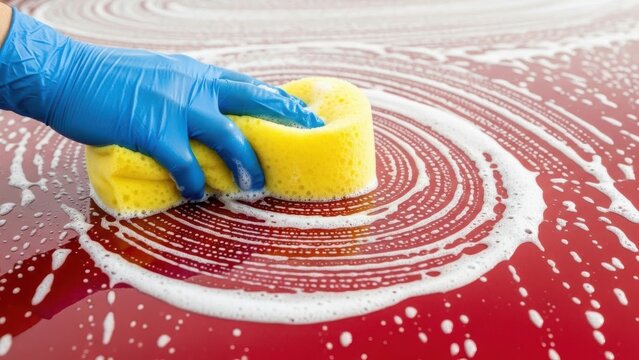 Hand washing car with sponge cleaning automotive